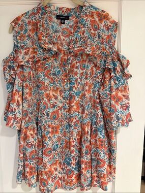 Cocomo Orange & Teal Floral Ruffle Cold-Shoulder Dress